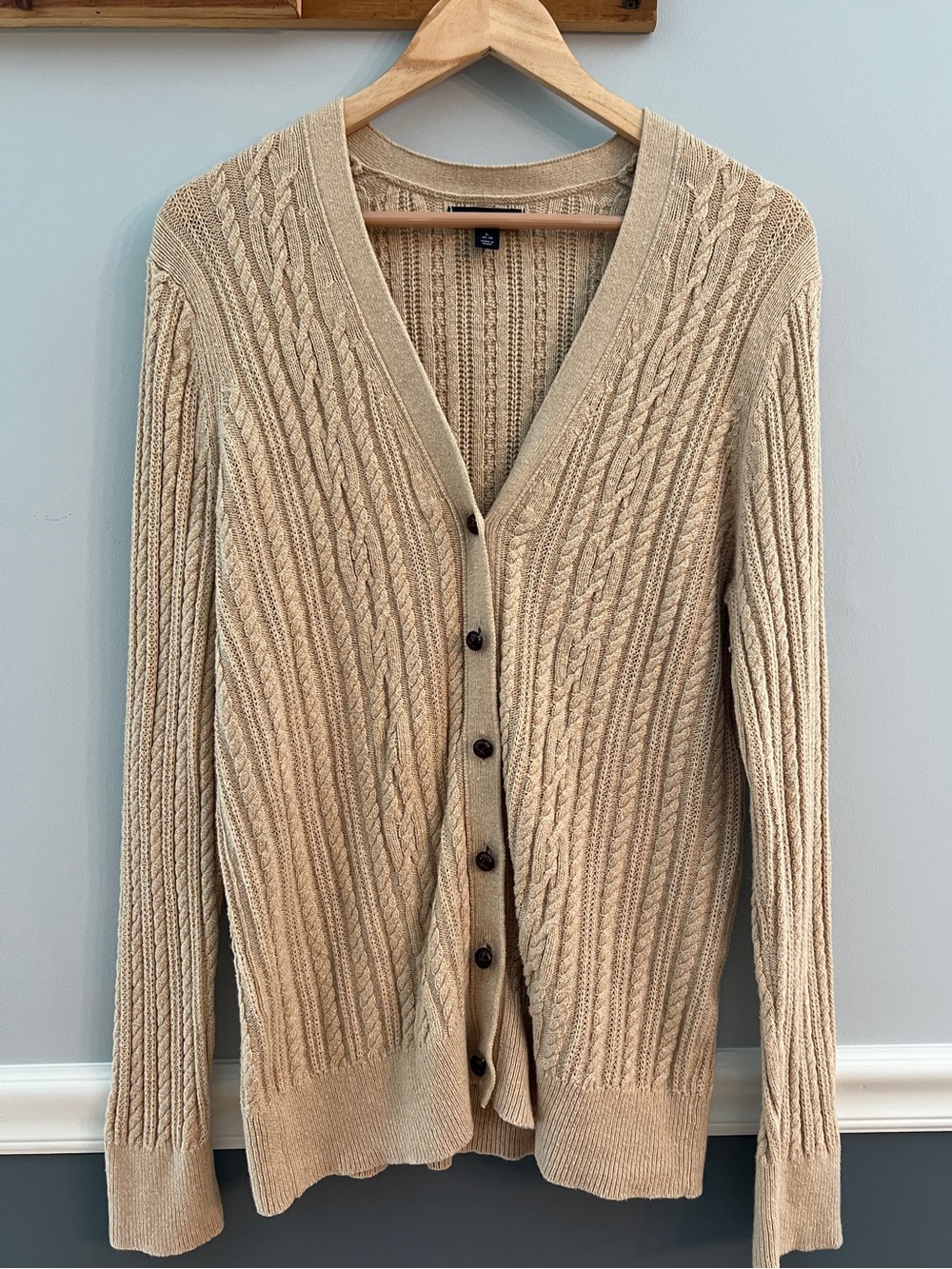 Lands’ End Cable Knit Cotton Wool Blend Cardigan Sweater Beige Tan Large